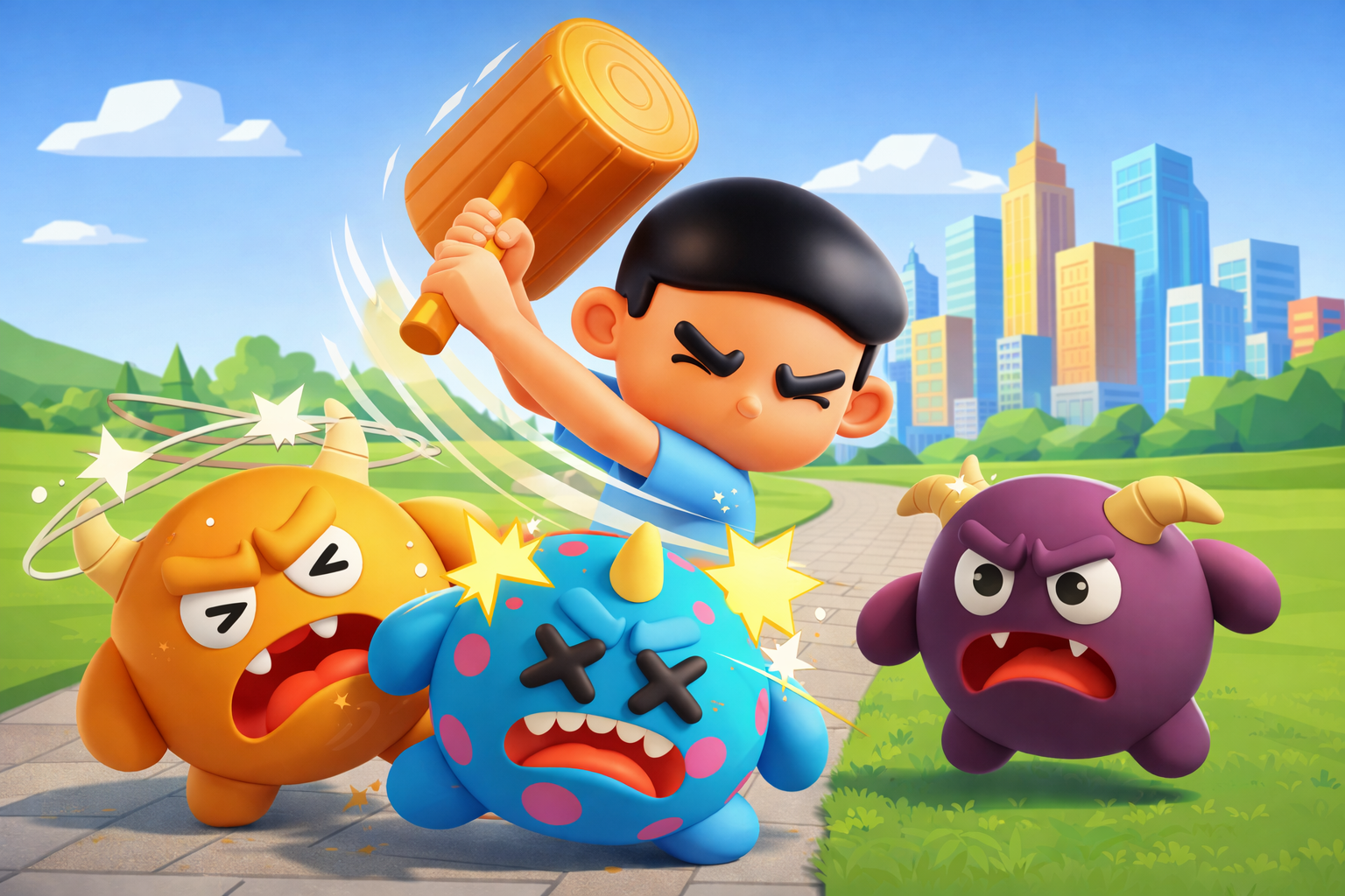 Colorful monsters being smashed with a hammer - Craving Smasher game